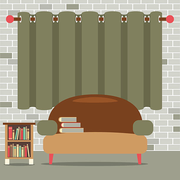 Sofa With Bookcase In Front Of Green Curtain Sofa With Bookcase In Front Of Green Curtain Vector Illustration cutain stock illustrations