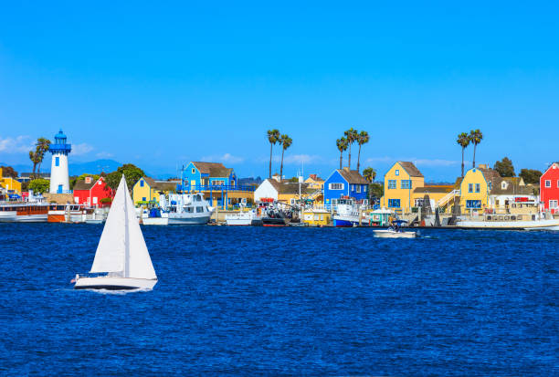 Fishermans Village at Marina Del Rey with waterfront lighthouse,