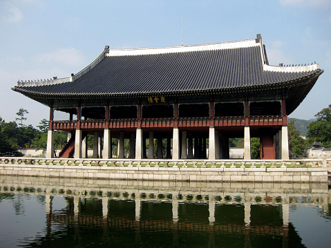 Gyeonghoeru Pavilion at Gyeongbokgung Palace in Seoul. Gyeongbokgung Palace is the main and largest palace of the Joseon Dynasty's \