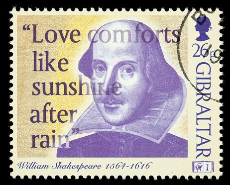 1998 Gibraltar postage stamp with an illustration of William Shakespeare, as part of its \