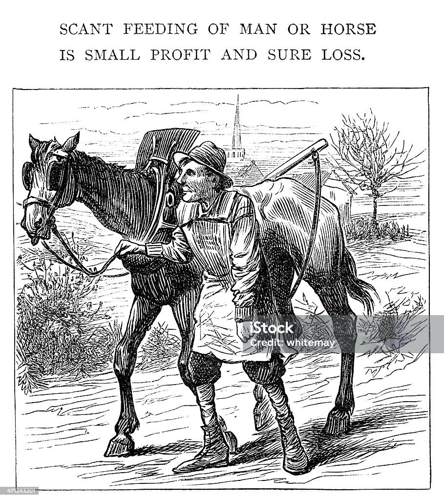 Pouca alimentação de Homem e cavalo. - Ilustração de Antigo royalty-free