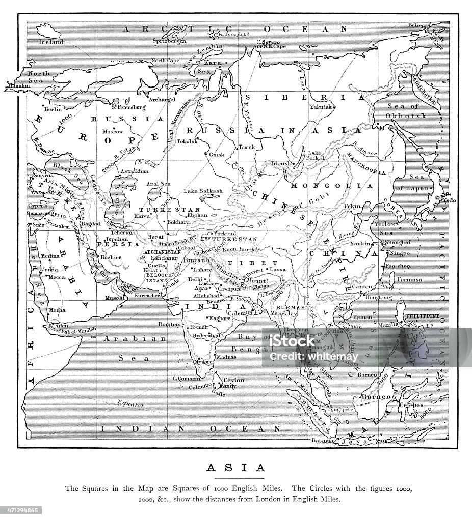 Карта Азии с расстояния от Лондона (1882 г. - Стоковые иллюстрации Карта роялти-фри