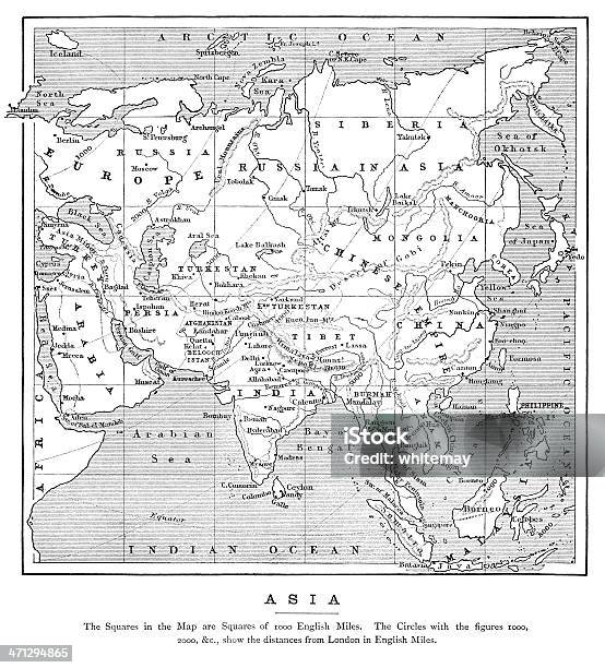 Карта Азии С Расстояния От Лондона 1882 Г — стоковая векторная графика и другие изображения на тему Карта - Карта, Старый, Прошлое