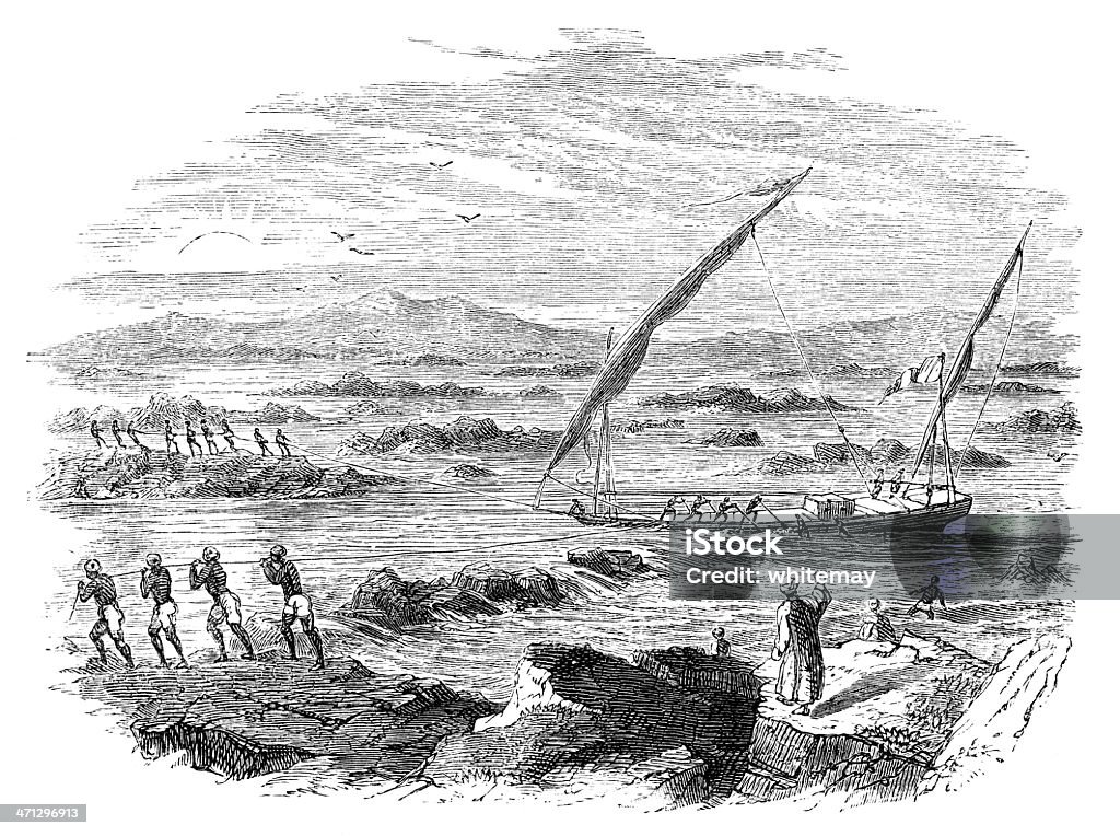 Rebocar um barco com mais de Cataratas do Rio Nilosudan.kgm, Egipto - Royalty-free 1880-1889 Ilustração de stock