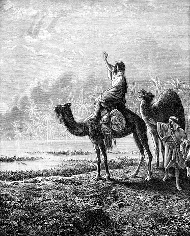 Two North African men with dromedaries spotting a mirage in the Sahara Desert. Illustration from 