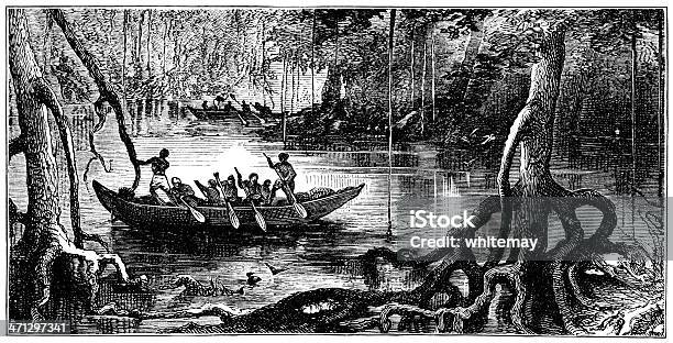 Palude Di Mangrovie Africano Con Canoa - Immagini vettoriali stock e altre immagini di Africa - Africa, Canoa, Incisione - Tecnica illustrativa