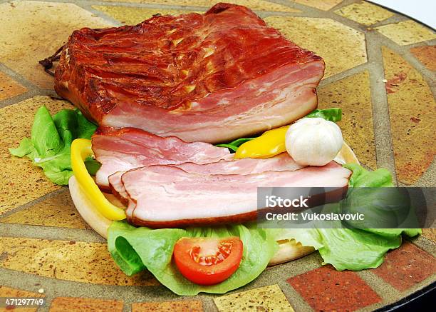 Sliced Smoked Bacon With Wegetables Stock Photo - Download Image Now - Appetizer, Backgrounds, Bacon