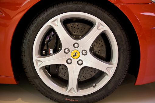 Maranello (Modena), Italy - July, 4 2009: Front right wheel with 245/40 Pirelli P-zero pneumatic on the Ferrari California