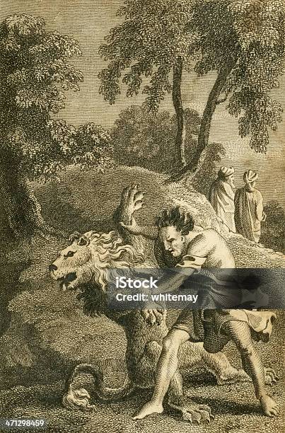 Samson E O Leão C1830 Gravação - Arte vetorial de stock e mais imagens de Adulto - Adulto, Animal, Animal selvagem