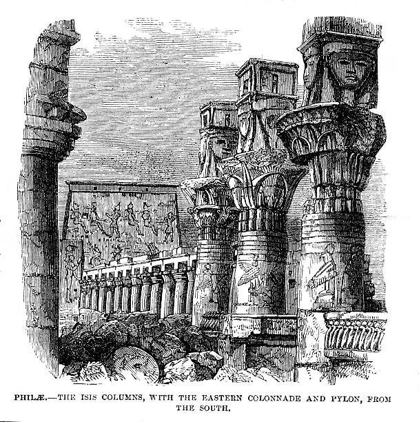 Egypt Philae - Engraving from 1864 magazine caption "Philae - the Isis columns with the eastern colonade and pylon from the south" temple of philae stock illustrations