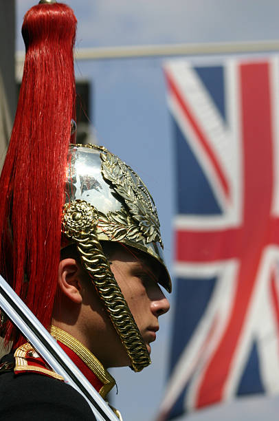 A horse carrying a Royal Horse Guard on sentry duty