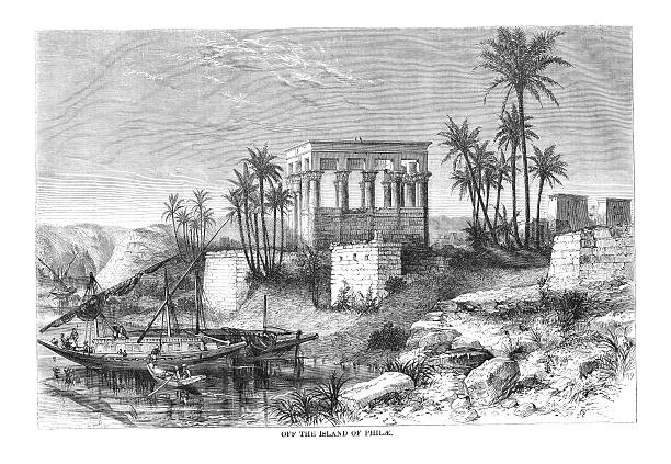 Egypt Philae - Engraving from 1864 magazine caption "Off the island of Philae " dhow stock illustrations