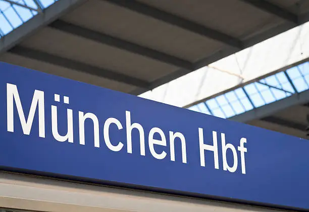 A sign inside Munich's Hauptbahnhof (Central Train Station).  Munich is the main city of the Bavaria region of Germany.