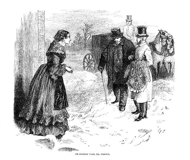 illustrazioni stock, clip art, cartoni animati e icone di tendenza di incisione dal 1864 rivista via scena con carrello - victorian style women dress night