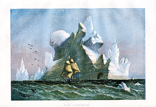 Large icebergs against a sailing ship in full sail to give an indication of scale.