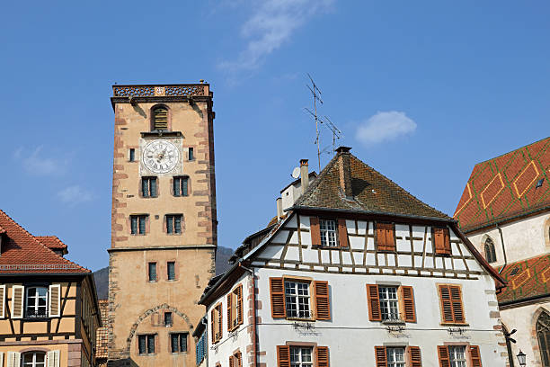 View onto ancient houses with medieval tower \