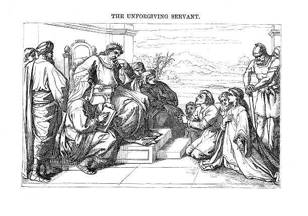 Victorian bible illustration  Parable the unforgiving servant Engraved illustration from "The Sunday at Home " February 13th 1864 allegory painting stock illustrations