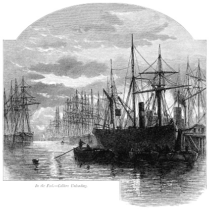 Collier ships (with both steam and sail power) unloading in the Pool of London, in the River Thames. Two thirds of the ships using the Pool at this period were colliers, which brought coal to meet the insatiable demands of the growing metropolis of London. The 'Pool of London' was originally known as 'Legal Quays' where all imported cargo was inspected by Customs officers. The Pool is divided into two parts, the Upper Pool and Lower Pool, the Upper Pool being the section between London Bridge and Tower Bridge, while the Lower Pool traditionally runs from Tower Bridge to the Cherry Garden Pier in Rotherhithe. Illustration from 