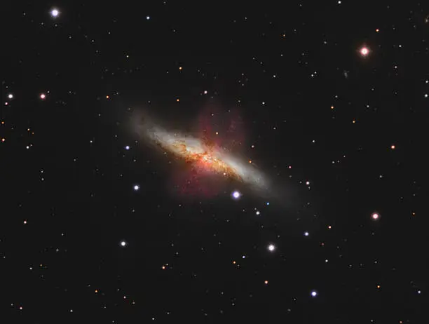 This is a picture of starburst galaxy M82. It is about 12 million light years away in the constellation Ursa Major.