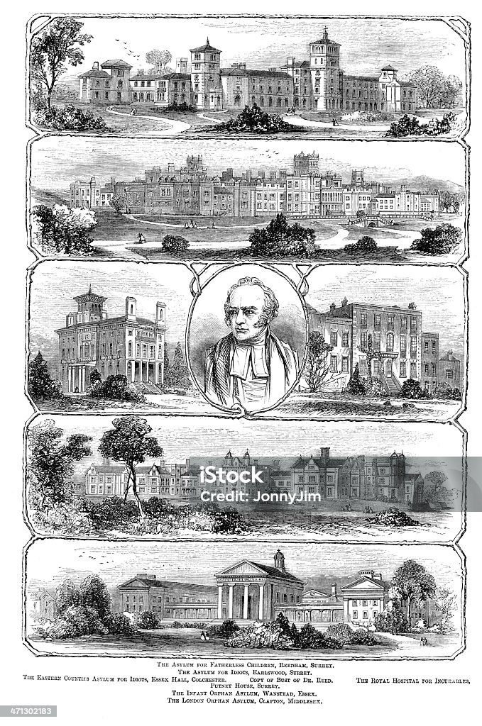Szpitale asylums i sierocińcom z dobroczynnych Założyciel w 1864 magazine - Zbiór ilustracji royalty-free (Londyn - Anglia)