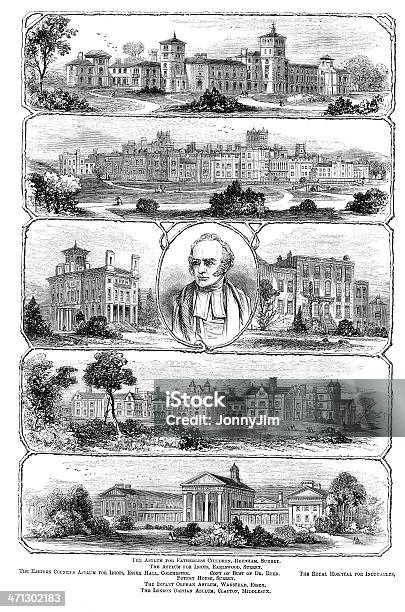 Szpitale Asylums I Sierocińcom Z Dobroczynnych Założyciel W 1864 Magazine - Stockowe grafiki wektorowe i więcej obrazów Londyn - Anglia