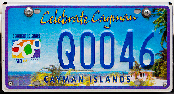 Grand Cayman, Cayman Islands - November 28, 2009: A special licence plate to celebrate the 500th anniversary of Cayman Islands.