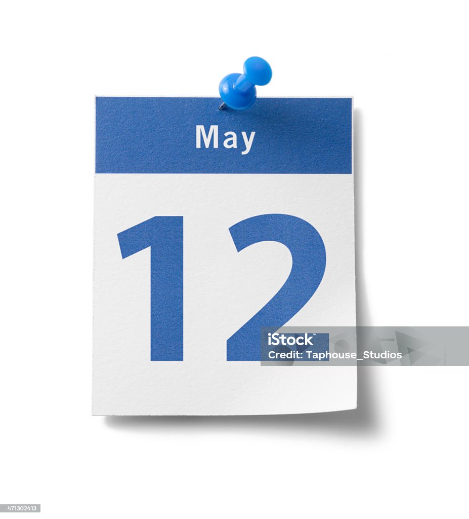 May 12th Calendar A photograph of a calendar page with a blue band and the date - "May 12th" - isolated on white. Adhesive Note Stock Photo