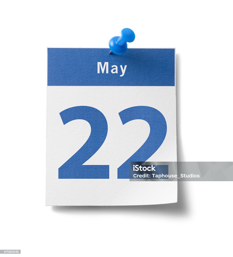 May 22nd Calendar A photograph of a calendar page with a blue band and the date - "May 22nd" - isolated on white. 20-24 Years Stock Photo