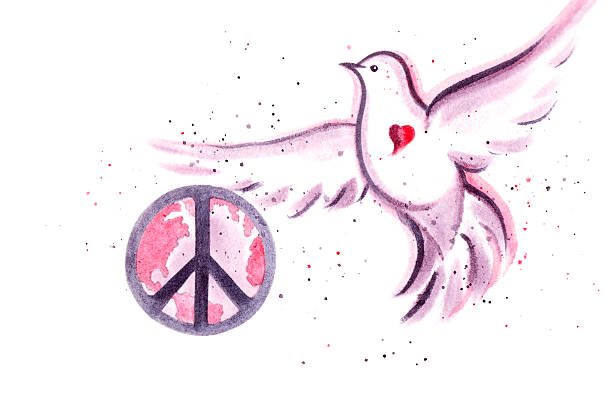 World Peace Symbols This image is part of my "Peace On Earth" collection. In this illustration, colorful, hand painted strokes show off the granular imperfections and variations of natural pigments that stain textured cotton fiber paper. Painted mostly wet-into-wet, this image displays the magical charm of soft translucent color and value transitions. dove earth globe symbols of peace stock illustrations