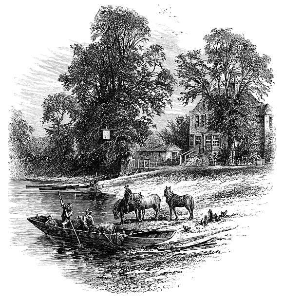 By the River Thames at Runnymede Ferrymen plying their trade at the Bells of Ouseley Inn, on the River Thames at Runnymede. Illustration from "Picturesque Europe - The British Isles" published by Cassell Petter & Galpin in 1875 (price 2/6d). surrey hotel southeast england england stock illustrations