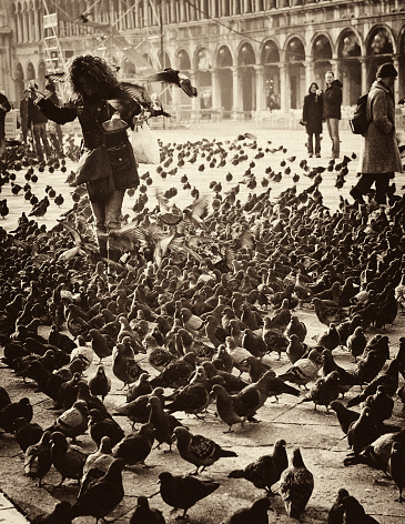 Venice, Italy  - February 5, 2007: woman feeding and playing with pigeons in Piazza San Marcos the main square of venice, while a senior lady walks away and a couple of tourist looks at the scene