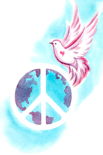 Peace Symbols This image is part of my "Peace On Earth" collection, where I have tried to use watercolor in such a way as to evoke ethereal feelings of love and peace. In this illustration, colorful, hand painted strokes and various watercolor effects show off the granular imperfections of natural pigments. Painted primarily wet paint-into-wet paper, this image shows off the charm of translucent color transitions with the contrast of soft and hard edges on textured cotton fiber paper. dove earth globe symbols of peace stock illustrations
