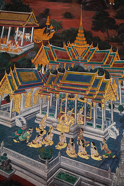 wat phra kaeo bangcoc, tailândia. mitologia pintura de parede. - temple wat phra kaeo mural wall - fotografias e filmes do acervo