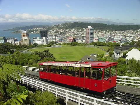 Wellington, New Zealand - November 28, 2004:  Cable car railway high above downtown Wellington.  Originally completed in 1902, several upgrades keep it running and a reliable and popular form of transportation within the city.