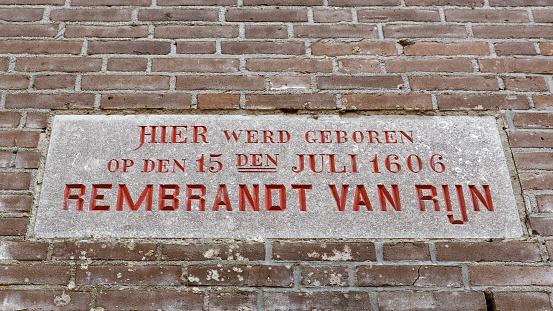 Leiden, South Holland, the Netherlands - April 15, 2011 : The memorial stone at the Weddesteeg remembering the birthplace of the famous Dutch painter Rembrandt van Rijn.