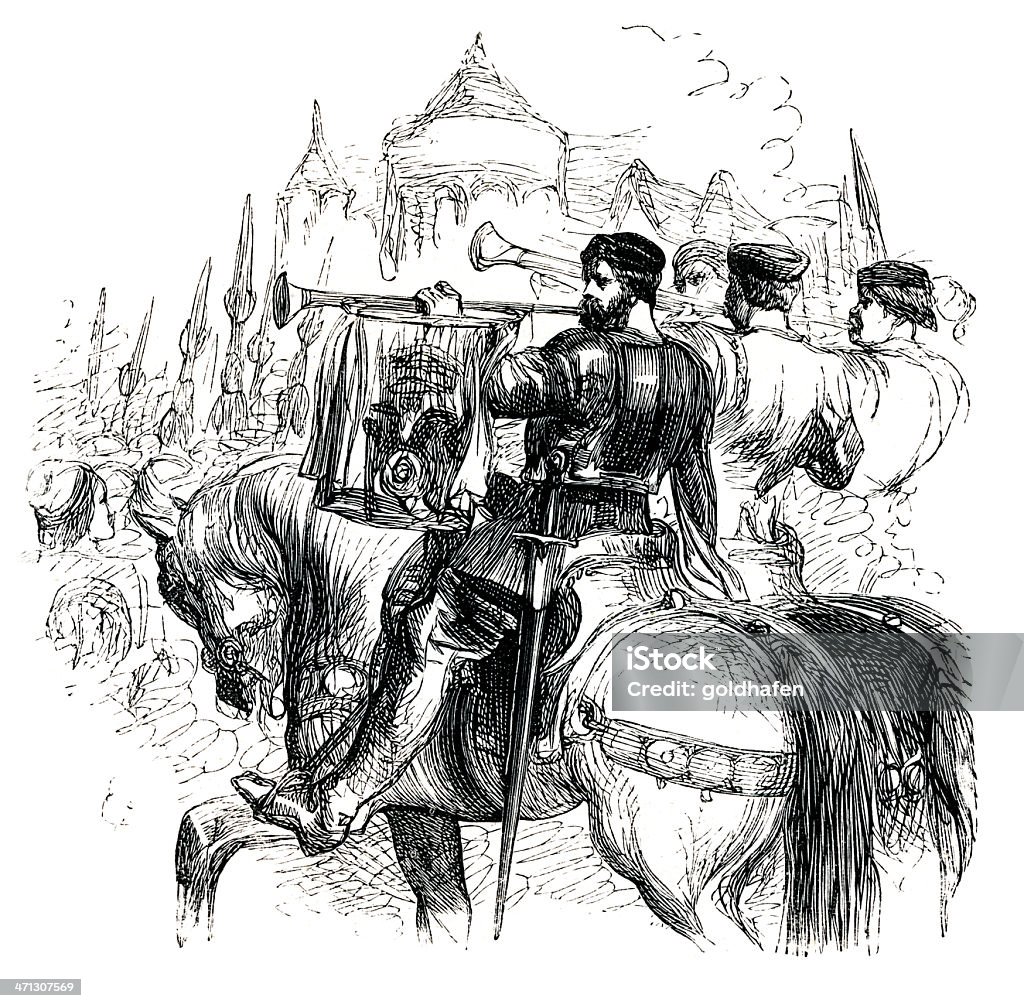 sketchy etching, herald on horseback The Works of Shakespeare - 3 Volumes Announcement Message Stock Photo
