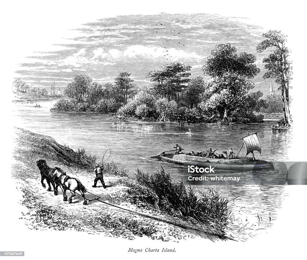 Magna Carta Island in the River Thames (Victorian engraving) Magna Carta (Magna Charta) Island in the River Thames, near Runnymede. Thought to be the scene of the 1215 signing by King John of the Magna Carta (the Great Charter), the foundation for the English constitution. Illustration from "Picturesque Europe - The British Isles" published by Cassell Petter & Galpin in 1875 (price 2/6d). Narrow Boat stock illustration