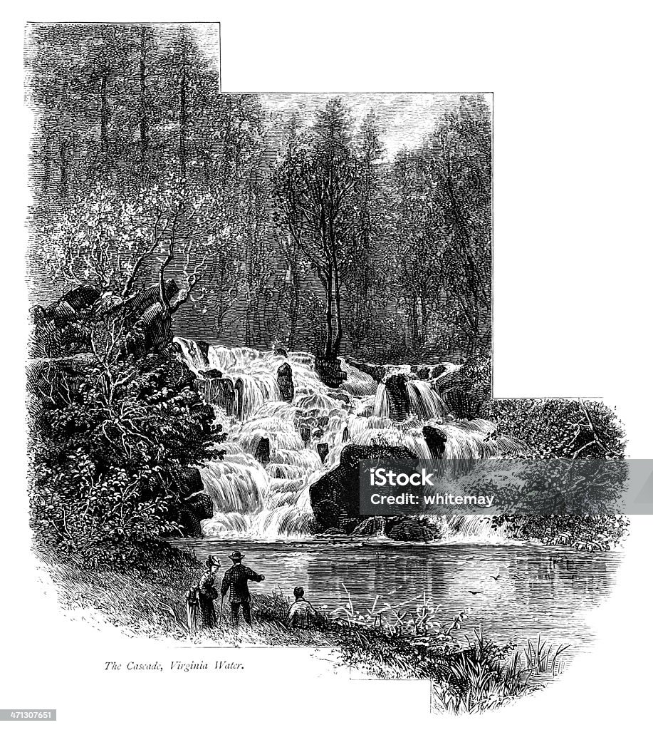 Cascade на Вода виргинии (викторианский гравировка - Стоковые иллюстрации Virginia Water - Озеро роялти-фри