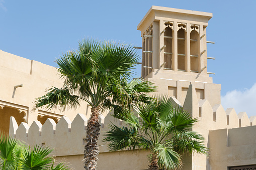 Wind tower in the Bastakiya area. Wind towers are used in the United Arab Emirates to cool their buildings. The construction of Al Bastakiya dates back to the 1890s.