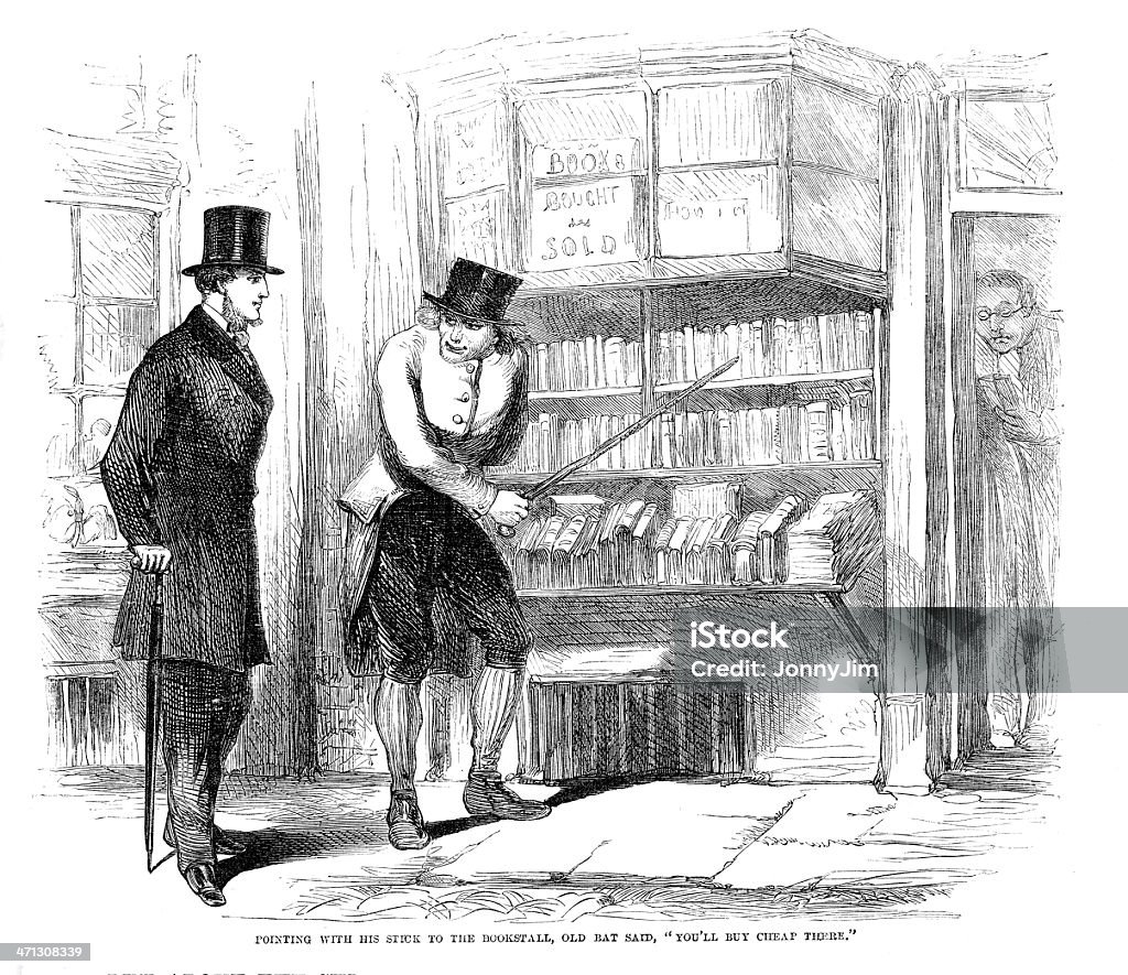 Victorian illustration zwei Männer vor dem Buchladen von 1864 magazine - Lizenzfrei Altertümlich Stock-Illustration