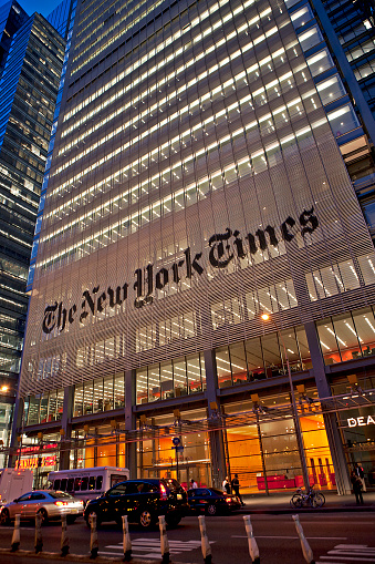 New York, USA - May 6, 2011: An evening view of the facade of the New York Times Building in Manhattan.