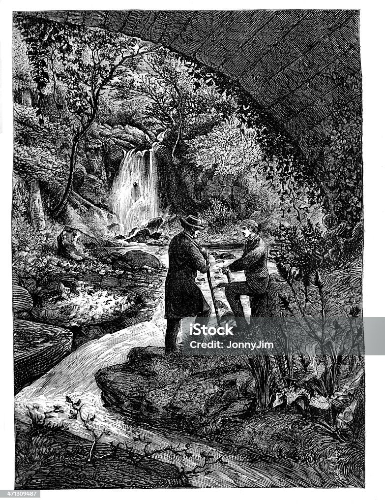Deux hommes se reposer à côté du ruisseau dans la campagne 1867 magazine - Illustration de Randonnée pédestre libre de droits