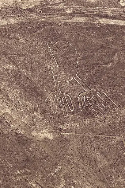 Aerial shot of the Nazca Lines in Nazca, Peru. The lines were created by the Nazca People around 400AD and can only been seen from the air.