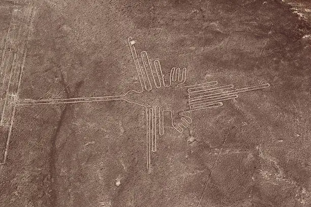Aerial shot of the Nazca Lines in Nazca, Peru. The lines were created by the Nazca People around 400AD and can only been seen from the air