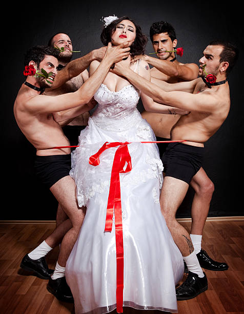 한 테크에서 4 grooms - female with group of males men women bizarre 뉴스 사진 이미지