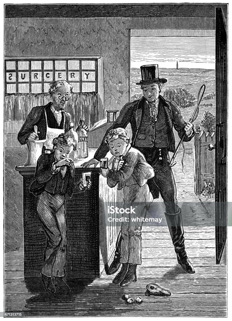 Due ragazzi essere trattati da un apothecary - Illustrazione stock royalty-free di Vecchio stile