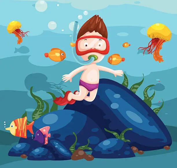 Vector illustration of Sea scape cute boy snorkeling