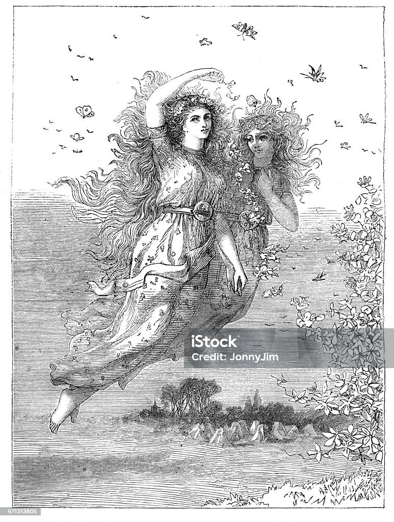 Zwei faries fliegen durch die Luft 1867 magazine - Lizenzfrei Altertümlich Stock-Illustration