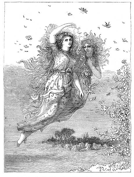 zwei faries fliegen durch die luft 1867 magazine - faries stock-grafiken, -clipart, -cartoons und -symbole