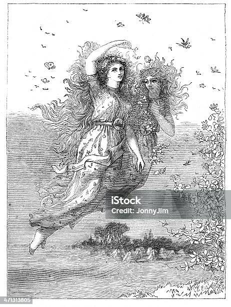 Dwa Faries Latać Przez Powietrze 1867 Magazine - Stockowe grafiki wektorowe i więcej obrazów Czarno biały - Czarno biały, Elf, Staromodny